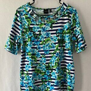 Rafaella Size L Black/White Stripe Cut Out Floral Top